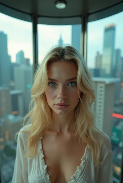 A beautiful blonde girl in an elevator with mirrors. In the background we see the city. REALISTIC.