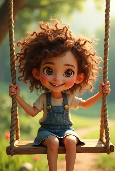 Cheerful girl with white skin and very rebellious brown curly hair and brown eyes and she is sitting on a swing 