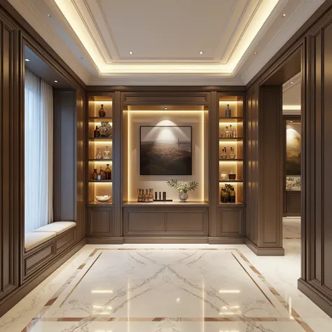 A beveled glass wall with decorative molding becomes the focal point, creating an elegant and striking element. Precision-crafted gypsum ceilings add dimension and beauty to the space. A stylish integrated partition separates the areas, maintaining an open...