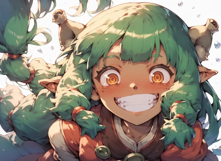 score_9, score_8_up, score_7_up, score_6_up, Masterpiece,8k,wakfu,1girl,solo,looking at viewer,blush,smile,green hair,teeth,grin,constricted pupils,long hair, school clothes, cute bangs