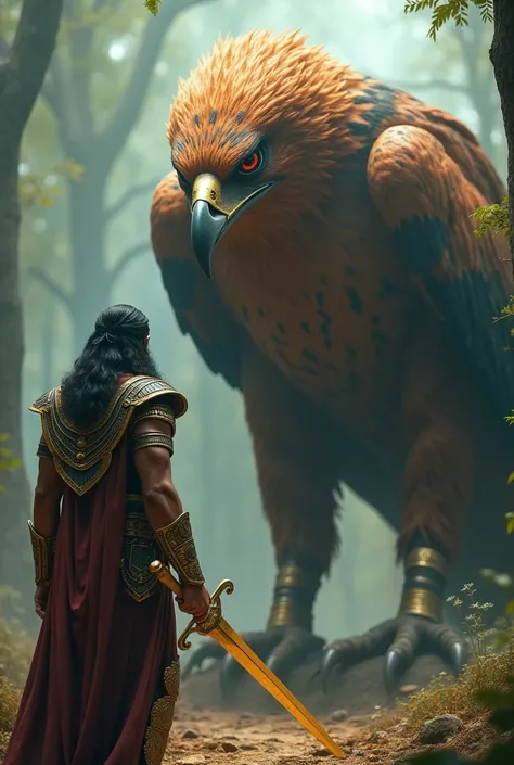 An epic fantasy scene in a dense, mystical forest with soft sunlight filtering through the trees. A colossal, realistic Eagle with striking orange fur, black stripes, and piercing red eyes towers menacingly over a fearless warrior. The warrior is a muscula...