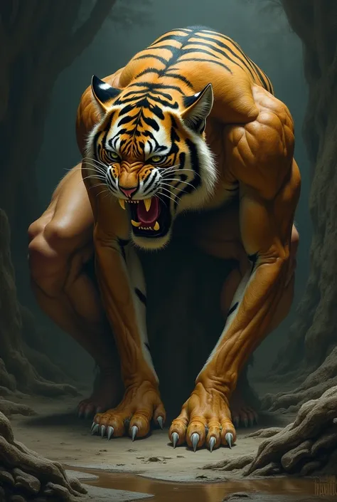 The figure of a man bent down and turned into an animal like a tiger.