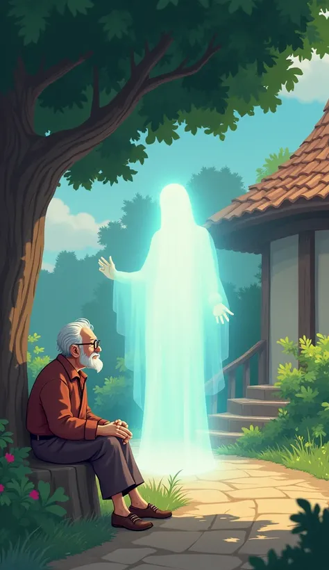  The Divine Appearance
Setting: A peaceful village with a tranquil tree where an old man is sitting, looking slightly worried but calm. A divine, glowing figure appears in front of him with a radiant aura. The divine being is gentle yet powerful, and the o...