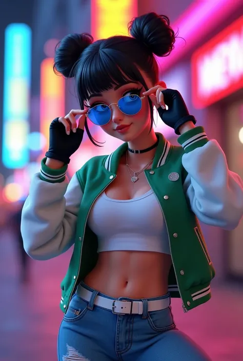 A hot young adult big breast female hairstyled in twin buns with bangs, blue eyes wearing blue aviator shades, a green cropped varsity jacket with white sleeved rolled up over a white cropped tank top, black fingerless gloves, fitted. torn denim jeans with...