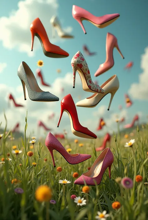 A storm of high-heeled shoes in various colors and brands in a lush green meadow.

