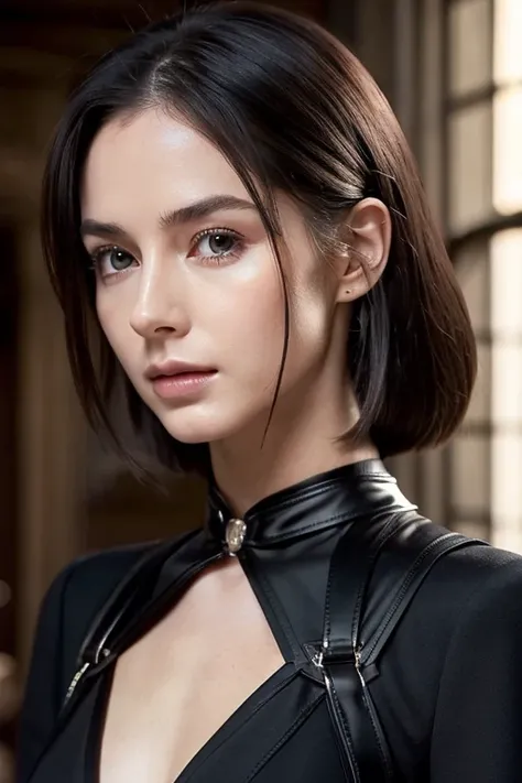  extremely detailed , Extremely sharp ,  top quality , woman,  Sophie Thatchers face, Black rider suit, Tall and skinny body , Harness,   knight ,   knight  street, Light,  black hair short, dark makeup, Small, ,