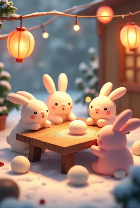 Happy winter solstice background with lanterns decorated on a wooden table to look warm in winter, a group of bunnies are rolling round, smooth rice balls, rice balls in a bowl q version