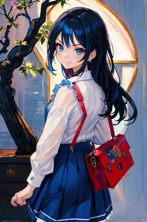 oil painting, Like a game cover、background（Date Scene、blue and black contrast）、 pose（ looking back）、 character （Tree Eyes、Mean face、 red eyeliner that makes a striking impression、 ,Sparkling blue eyes、smile）、Hairstyle（ medium hair, wavy、  black and blue ha...