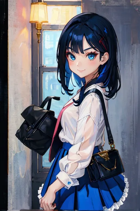 oil painting, Like a game cover、background（Date Scene、blue and black contrast）、 pose（ looking back）、 character （Tree Eyes、Mean face、 red eyeliner that makes a striking impression、 ,Sparkling blue eyes、smile）、Hairstyle（ medium hair, wavy、  black and blue ha...