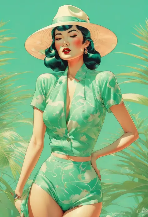 Sexy Asian woman (big breasted) in mint bikini and hat posing for a photo inspired by Vincent Lefevre, james jean andrei riabovitchev, james jean and wlop, anna dittmann alberto vargas, in retro swimsuit, james jean soft light 4k, james jean soft light 4k,...