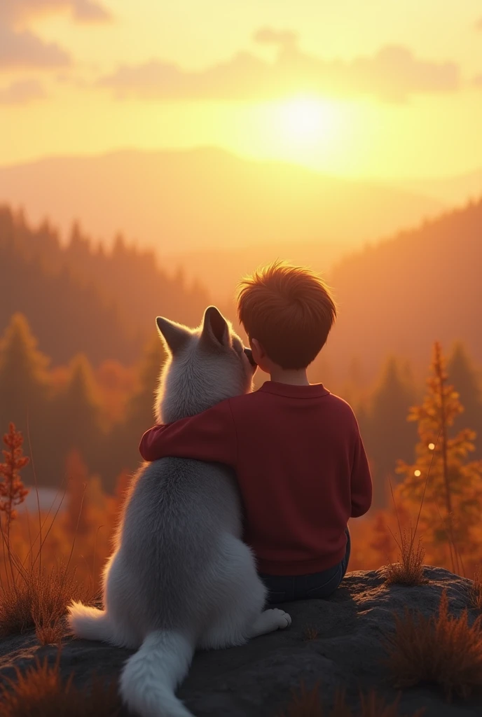 " creates a hyper-realistic 3D scene , The boy sits on the top of the mountain with his Alaskan dog,  Overlooking the park  .   The boy holds the Alaskan dog with his arms  ,   and his face is buried in fur as he tries to hold back his tears .  The dog sit...