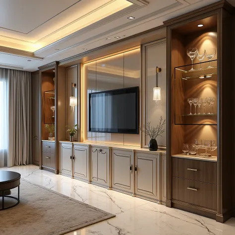 A beveled glass wall with decorative molding becomes the centerpiece, creating an elegant and striking focal point. Precision-crafted gypsum ceilings add dimension and beauty to the space. A stylish integrated partition separates the areas, maintaining an ...