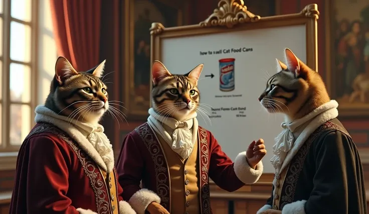 (Masterpiece, High Quality, High Resolution, Detail, 8K), Three cat aristocrats (two men, one woman) dressed in lavish medieval costumes are having a meeting in a luxurious room of a medieval European castle; the three are standing in front of a whiteboard...