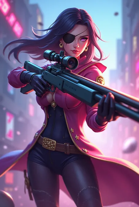 Mobile Legends Bang Bang Lesley with a sniper and has a patch on one eye and has a few sparkles on his clothing with a little bit of gold, over there, rosado, light blue and purple 