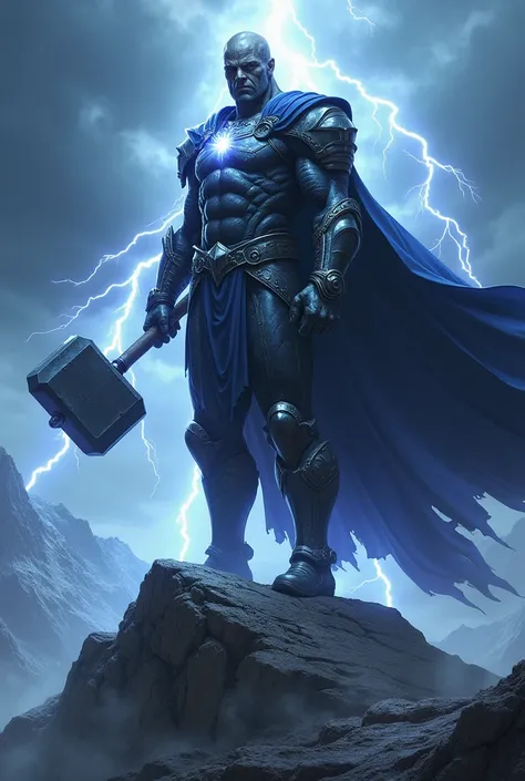 On a stormy mountain peak, a towering figure stands with a massive, glowing hammer in hand. Thunder Warrior is draped in dark, metallic armor that shimmers with streaks of lightning, their cape billowing dramatically in the wind. Storm clouds gather above,...