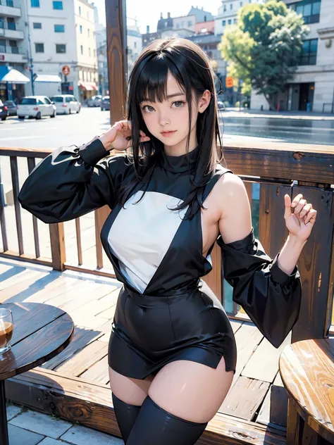  High Definition 、 Full body portrait、Perfect Anatomically Correct Body、perfect hand、 perfect finger、Perfect Legs、 One Extraordinarily Beautiful Woman 、black hair、 long hair、 dark eyes、  miniskirt、((( Black Tights )))、Beautiful and big breasts、Flat Belly、B...