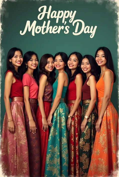 Poster Photo of 7 Indonesian women wearing shiny batik colored skirts and smiling shoes with cool vintage background and writing "HAPPY MOTHERS DAY 