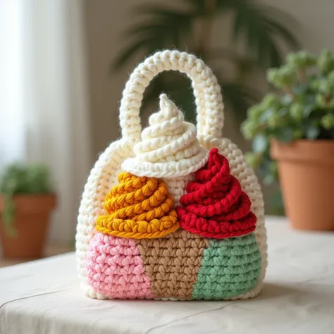 Nice stylish bag design crochet with wool ice cream design on wool bag and separate design white orange pink mustard red green color full view pic room view zoom out on table in room