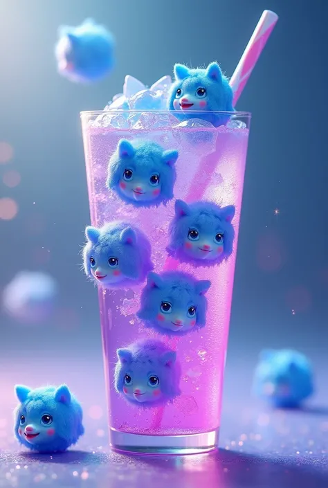 An image of a cup with a purple drink inside and blue ice with funny faces of a blue-haired girl on each ice stone