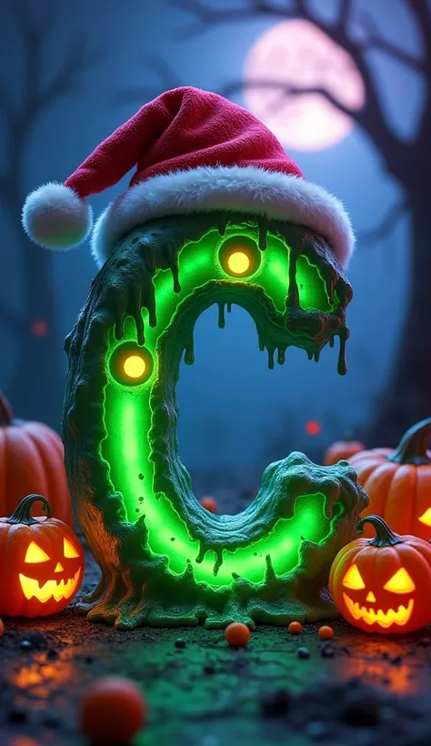 Make a 3D letter C with a Halloween-inspired design featuring a glowing neon green slime texture dripping from the edges. Add monstrous eyes inside the curve of the letter and a sharp-toothed grin. Top it off with a red Santa Claus hat. Surround the letter...