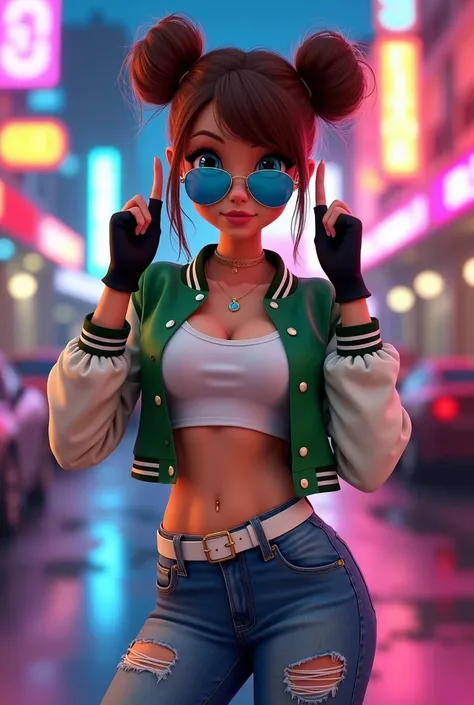 A hot young caucasian adult big breast female hairstyled in brown messy twin buns with bangs, blue eyes wearing blue aviator shades, a green cropped varsity jacket with white sleeved rolled up over a white cropped tank top, black fingerless gloves, fitted....