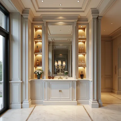 A beveled glass wall with decorative molding becomes the centerpiece, creating an elegant and striking focal point. Precision-crafted gypsum ceilings add dimension and beauty to the space. A stylish integrated partition separates the areas, maintaining an ...