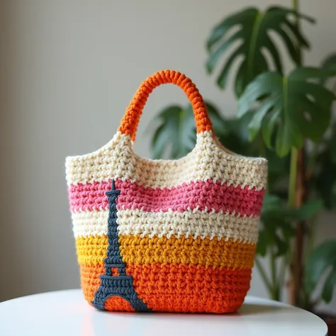 Nice stylish bag design crochet with wool paris design on wool bag and separate design white orange pink mustard red green color full view pic room view zoom out on table in room