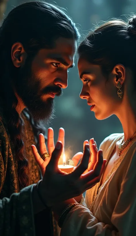 A mysterious Indian man with piercing eyes, casting a spell on a woman with intricate hand movements, as if summoning ancient magic.

