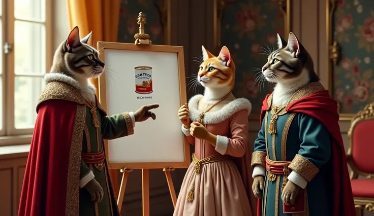 (Masterpiece, High Quality, High Resolution, Detail, 8K), Three cat aristocrats (two men, one woman) dressed in lavish medieval costumes are having a meeting in a luxurious room of a medieval European castle; the three are standing in front of a whiteboard...