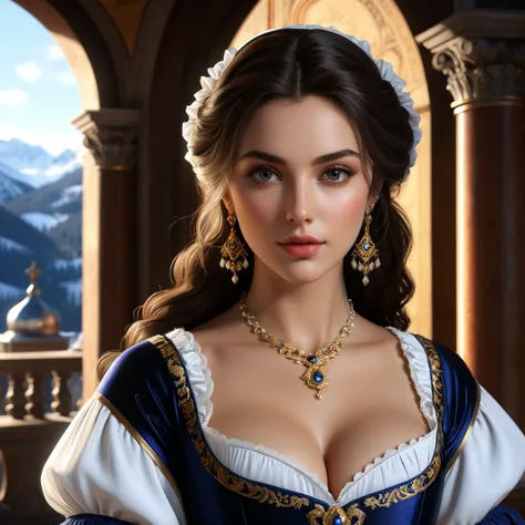 Mountains, Snow, Dark Hair, Hazel Eyes, Renaissance Dress, Baroque Beauty, Natural Beauty, belladonna, shadowed cell, cell saded, dynamic lighting, DDIM, WLOP, Unreal Engine, global illumination, intricate detailed environment, intricate painting, HD, Razu...