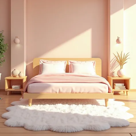 3D light colored wooden bed with white pillows, pink blanket, white fur floor rug anime