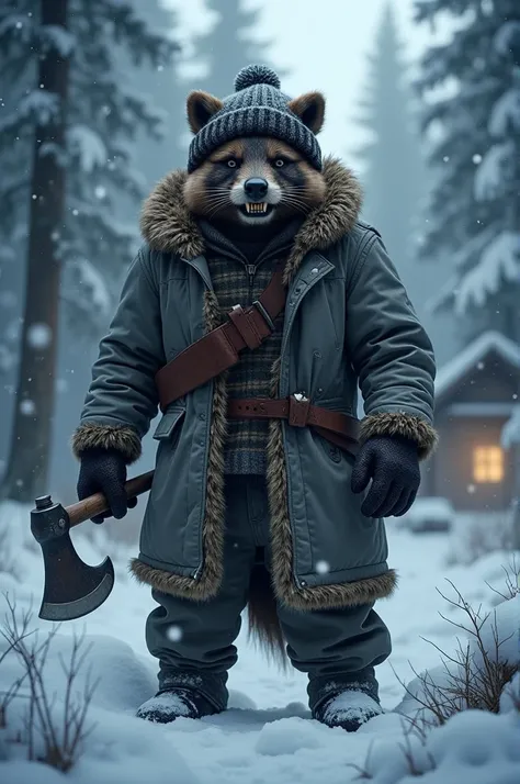 A rugged anthropomorphic wolverine representing Finland, clad in a heavy grey coat with fur trims and a black woolen hat. The wolverine stands in the middle of a snow-covered pine forest, with the dim lights of a cabin in the distance. It grips an axe in o...