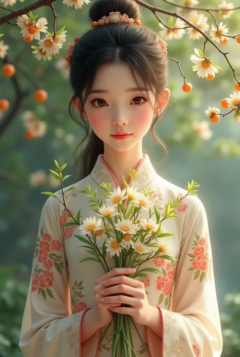 Chinese chick wearing floral dress holds fruit tree