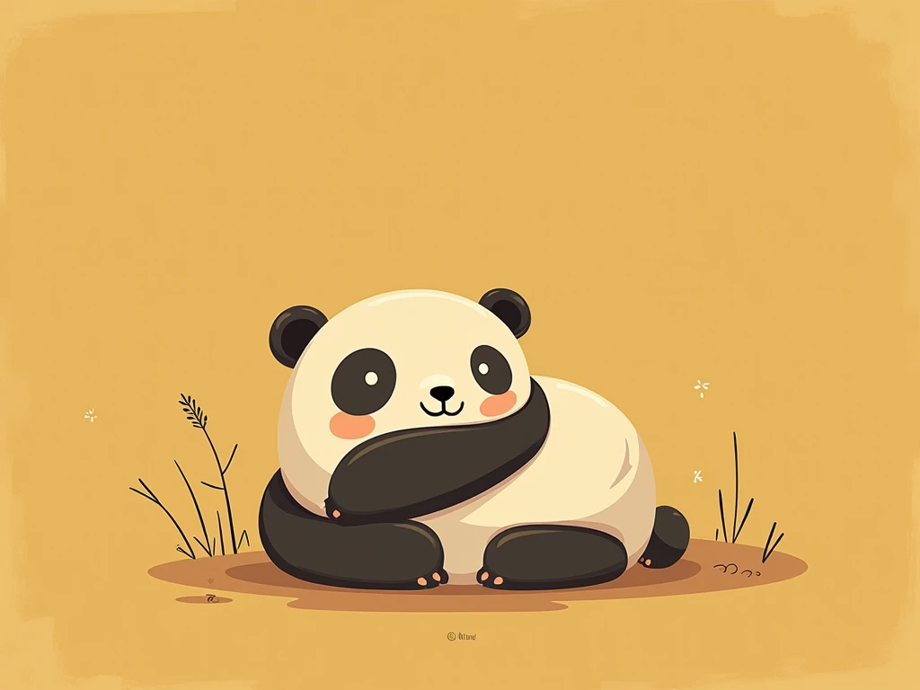 A cartoon panda, positioned centrally in the image, is depicted as a round, stylized figure. The panda is predominantly white with black markings.  Simple, rounded shapes create the pandas features, including the eyes, nose, ears, and paws.  The panda is c...