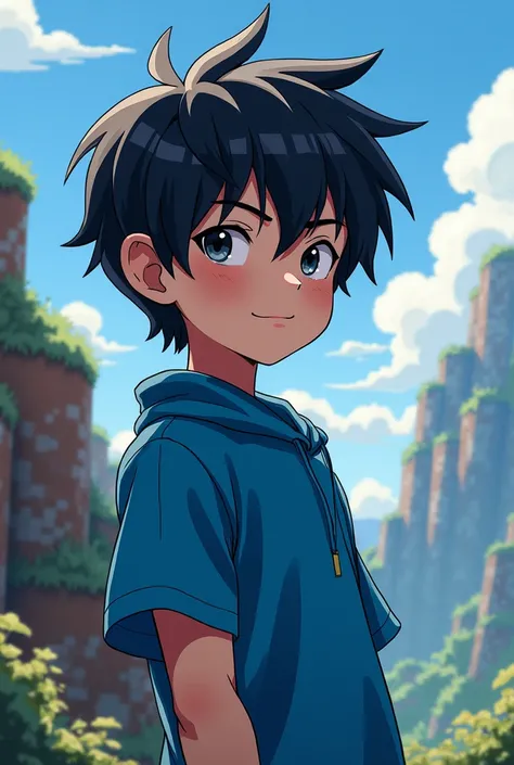 Change my Minecraft skin into anime boy 
blue clothes and grey eye black hair