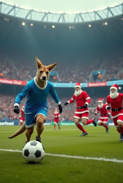 A team of 11 kangaroos dressed in blue playing soccer against a team of 11 men dressed as Santa Claus in a crowded stadium