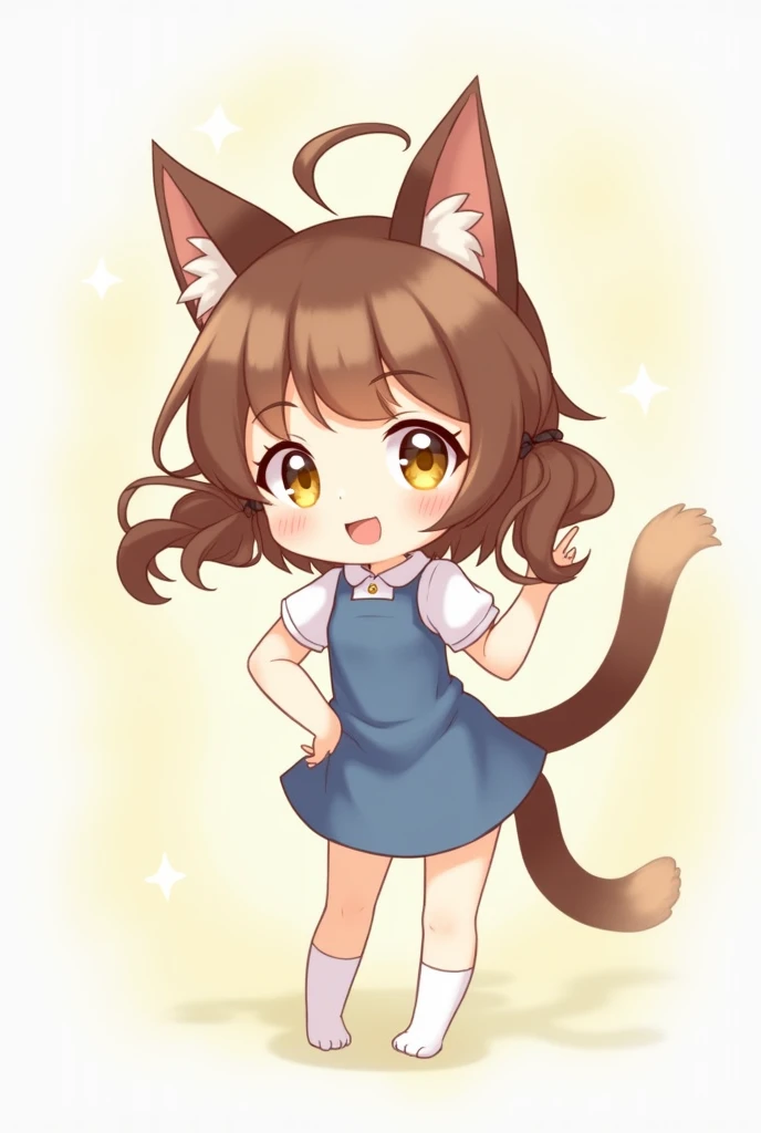  Cat Ears Brown Hair Twin Tail Girl Cute Anime Illustration、Yellow Eyes、One Piece Blue 