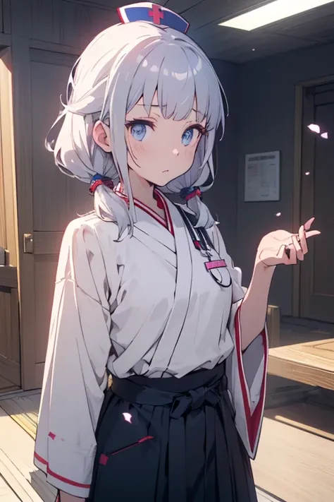 (((nurse clothes))), (perky chest:1.1), (pointed chest:1.3), Heith Velvet(danmachi), pale pink hair, long hair, twin tails,delicate beautiful face,((top quality)),((masterpiece)),((perfect face)),(ultra-detailed), ultra high res, 8k, UHD, ((View from the s...