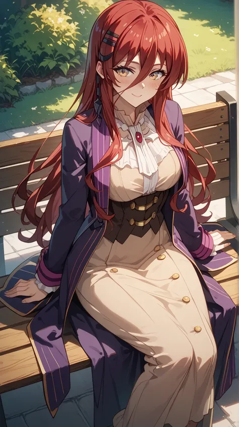 grimm grimoire, grimm grimoire from Sentouin, Hakenshimasu! , cm height cleavage, sexy body, perfect tits, hourglass figure, blush, woman with long red hair sitting she is wearing a purple dress with a high neckline and long sleeves the dress has a ruffled...