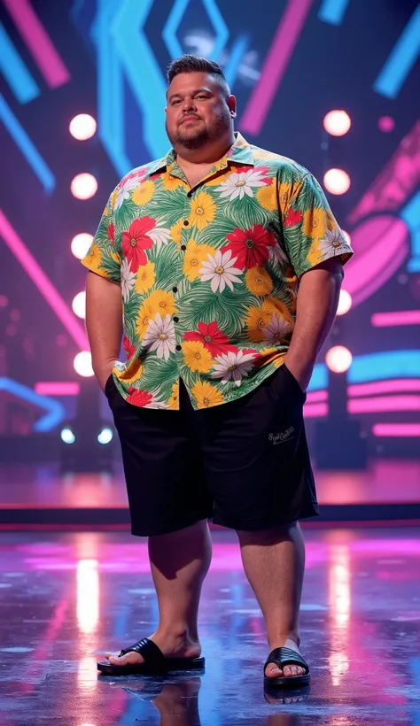 "An obese man stands on a television talent show stage, dressed in a brightly colored Hawaiian-style floral button-down shirt and black athletic shorts. He is wearing black sandals. The stage is well lit with lights of bright LEDs in various colors, creati...