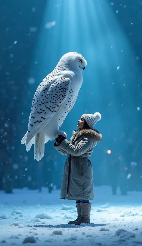 A woman in winter attire stands with a massive snowy owl perched on her arm. The owl is around 1 meter tall, with white feathers and light gray speckles, exuding a powerful and majestic presence. The woman holds the owl firmly yet gently, standing on the s...