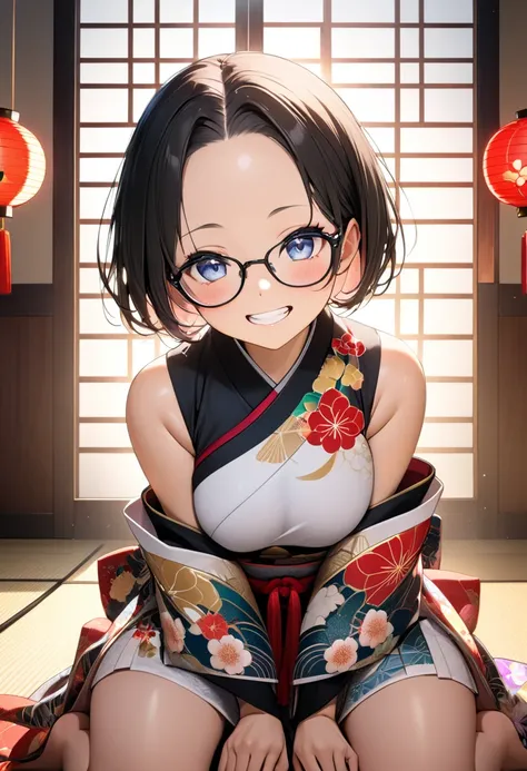 RAWphoto,photorealistic,8k16k,best quality,perfect anatomy,perfect detailed,ultra highres, extremely detailed eyes and face,gleaming skin,shiny skin,1girl,Japanese,black short hair,pixie cut, (wearing glasses:1.3),(parted bangs,forehead:1.2),round face,med...