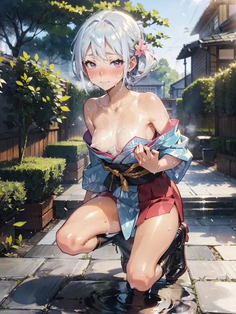 anime - style illustration of a woman in a sexual kimono:1.5, long boots, anime character, official character art, feminine, full body, female anime girl, Posing:1.5, parted bangs, glasses, (tanned:1.0), hopping step:1.5, looking at viewer, smile:1.5, in p...