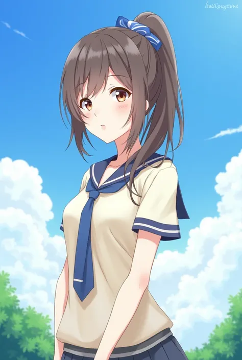 (고sun상도,  best quality:1.2), 1 woman, radiation, Smooth contours, Beautiful picture, Upper body, Concept Art, eyelashes, Kyo Ani Hinata style, June, sun, 초summer, Blue sky,  detailed background , Talk about Light Blush ,  bright color ,summer , high school...