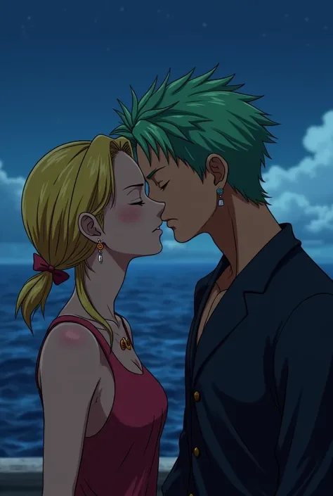  You can draw the characters from the anime One Piece , Zoro y sanji,  on the deck of the ship during the night , Giving each other a sweet kiss . sanji,  has one of Zoros earrings ,  leaving it with only two of them . sanji tiene un pequeño mechon de cabe...