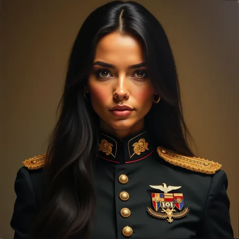  Realistic oil painting of a woman of stunning beauty with Colombian features ,  her long, straight hair of deep black falls like a shiny curtain around her.  her brown eyes ,  warm but intense ,  they observe with a mixture of determination and authority ...