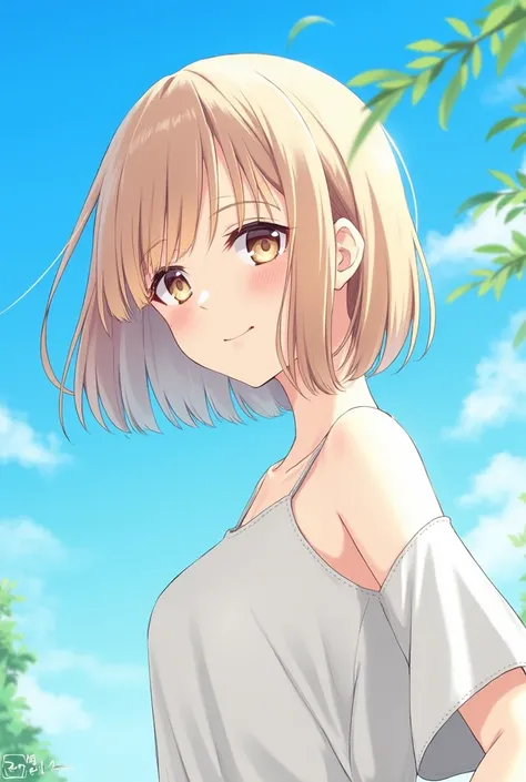 (고sun상도,  best quality:1.2), 1 woman, radiation, Smooth contours, Beautiful picture, Upper body, Concept Art, eyelashes, Kyo Ani Hinata style, June, sun, 초summer, Blue sky,  detailed background , Talk about Light Blush ,  bright color ,summer , high school...