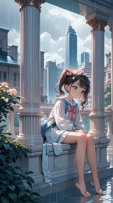 score_9, score_8_up, score_7_up, source_anime, 1girl, barefoot, loli,  sitting on a tall pillar, rain, cityscape