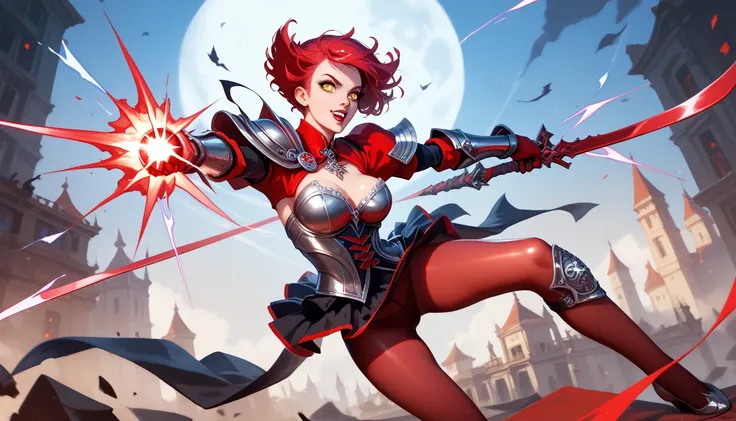 A vampire with sharp facial features, short crimson hair, and golden eyes. She wears armor-like clothing made of black and red nanofiber, She wields dual energy blades in a high-stakes rooftop battle, red shiny pantyhose, breast visible,