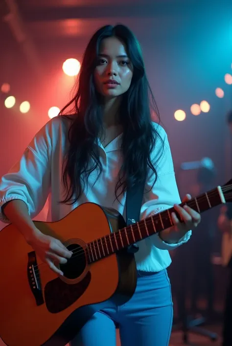 "A dynamic and energetic cinematic motion scene of very beautiful woman black long hair syle man with romantic eyes and her sights towards to camera, wears white  and blue matine moslem casual, playing keyboard to rock music on the The deck of an Indonesia...